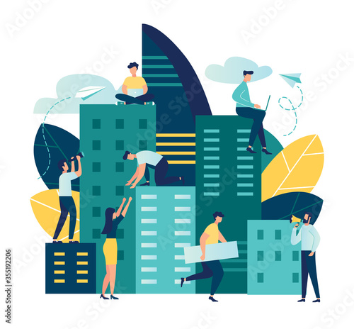 Vector flat illustration, Future city. Eco-friendly, smart, modern, high-rise buildings, the environment, the architecture of skyscrapers, popular business centers and other real estate. Working time 