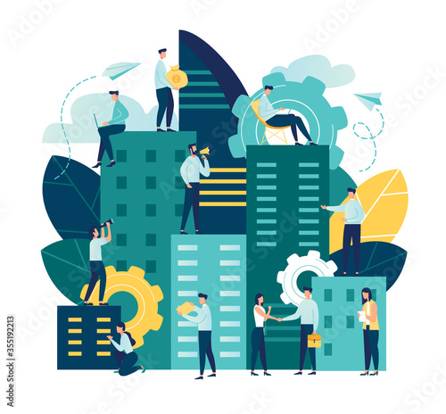 Vector flat illustration, Future city. Eco-friendly, smart, modern, high-rise buildings, the environment, the architecture of skyscrapers, popular business centers and other real estate. Working time