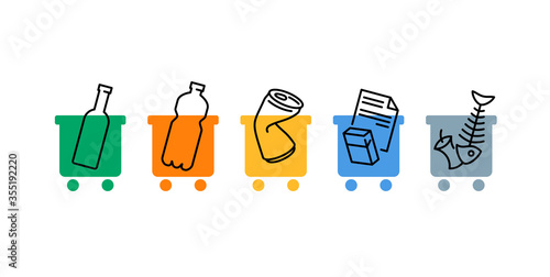 Waste sorting pictogram set - garbadge separation dumpster marking stickers - glass, plastic, metal, paper, organic waste 