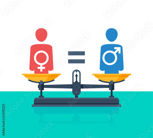 Gender equality concept - weighing scales - balanced people icons with Mars and Venus symbols inside (sign of male and female gender) - vector picture of human rights and values