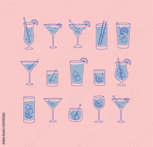 Alcohol drinks and cocktails icon flat set pink
