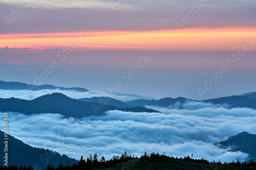 Magical sunset and sea of clouds. Landscape panorama taken from Gito Plateau, Kackar / Kaçkar mountains, Black Sea / Karadeniz region of Turkey. 