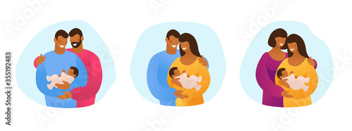 Fototapeta Naklejka Na Ścianę i Meble -  A set of LGBT couples with children, gays, lesbians, a traditional pregnant couple. Relations and rights of homosexual partners. Vector illustration in a flat cartoon style.