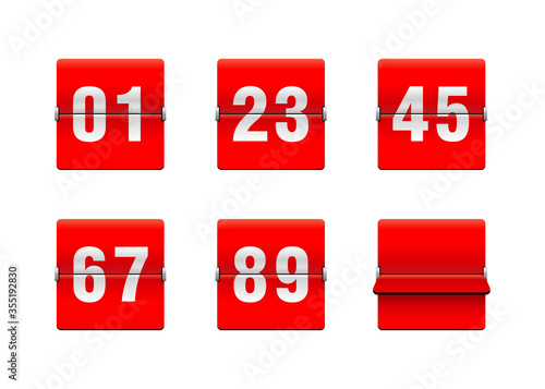 Flip countdown clock with two-digit number - red counter timer, time remaining count down scoreboard in flip board with different digits from 0 to 9