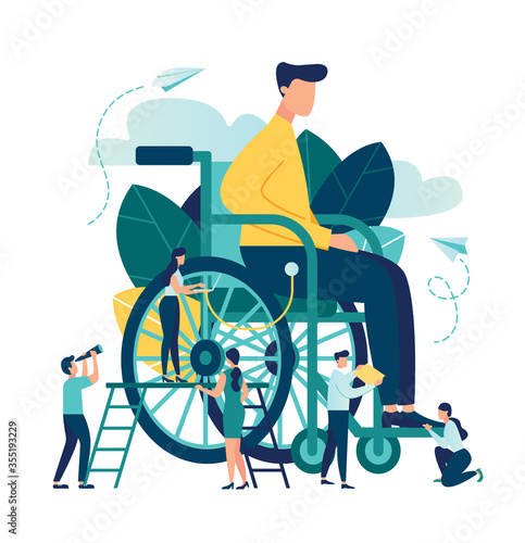 vector illustration, assistance to a disabled person, a person in a wheelchair helping him other people, social workers, medical help, rehabilitation