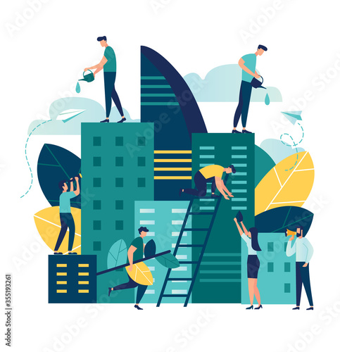 Vector flat illustration, Future city. Eco-friendly, smart, modern, high-rise buildings, the environment, the architecture of skyscrapers, popular business centers and other real estate. Working time 