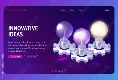 Innovative idea development isometric landing page with light bulbs glowing on cogwheels mechanism. Creative solution finding, scientific investigation and startup launching, 3d vector web banner