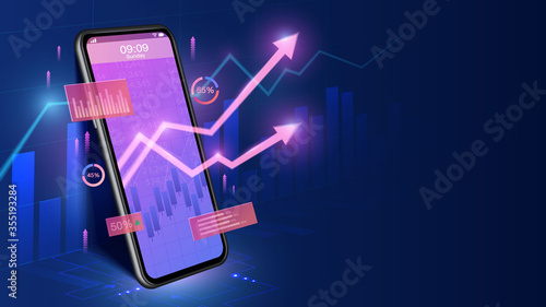 Smartphone show increase market share investment and economic growth graph chart. stock market, business growth, strategy planing concept. 
