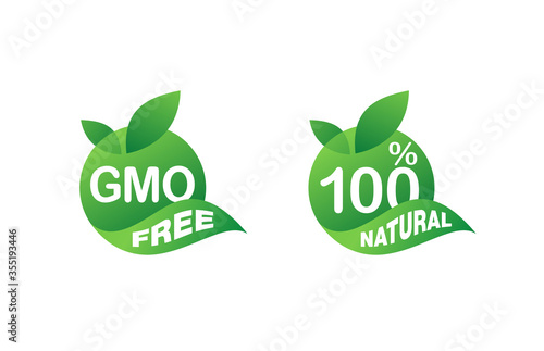 GMO free and 100 natural  - marking sticker or badge for healthy organic food, vegetarian nutrition - vector set