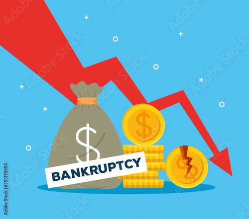 arrow down, falling markets with finance bankruptcy icons