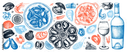 Seafood and wine illustrations collection in color. Hand-drawn shellfish - mussels, oyster, shrimps, caviar, and sketches. Perfect for recipe, menu, delivery, packaging. Mediterranean cuisine dishes. 