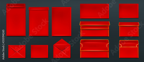 Red envelopes template set. Blank closed and open paper covers, vertical and horizontal festive letter packages with gold trim, double folder for business docs and messages, Realistic 3d vector mockup