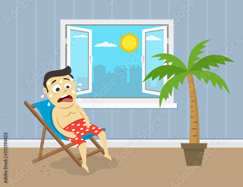 Sweating man sitting on his beach chair in front of opened windows. Hot summer day. Flat vector illustration.