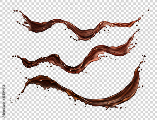 Splash of coffee, cola or tea isolated on transparent background. Vector realistic set of liquid waves of falling and flowing brown drink with drops and bubbles
