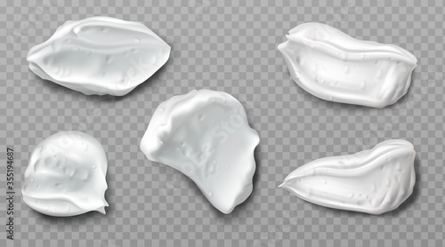Foam cream swatches isolated on transparent background. Vector realistic smears set of white froth cosmetics, shaving gel or creme. Smudges of mousse, beauty product for face or body care