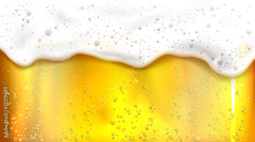 Beer with bubbles and foam background. Vector realistic illustration of lager texture in glass with flowing white froth. Banner with orange fizzy brewery drink for bar, Beer day or Octoberfest