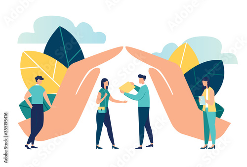vector illustration of hand protection house . human life insurance. the metaphor of hand over the people to protect against accidents to life and personal property. accident insurance schedule design
