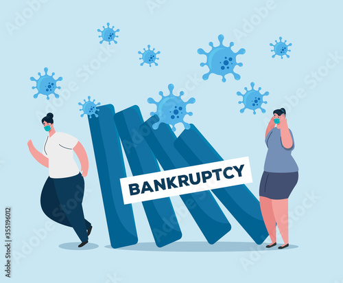 coronavirus crash, covid 19 economy collapse, business women wearing medical mask with statistic, bankruptcy concept