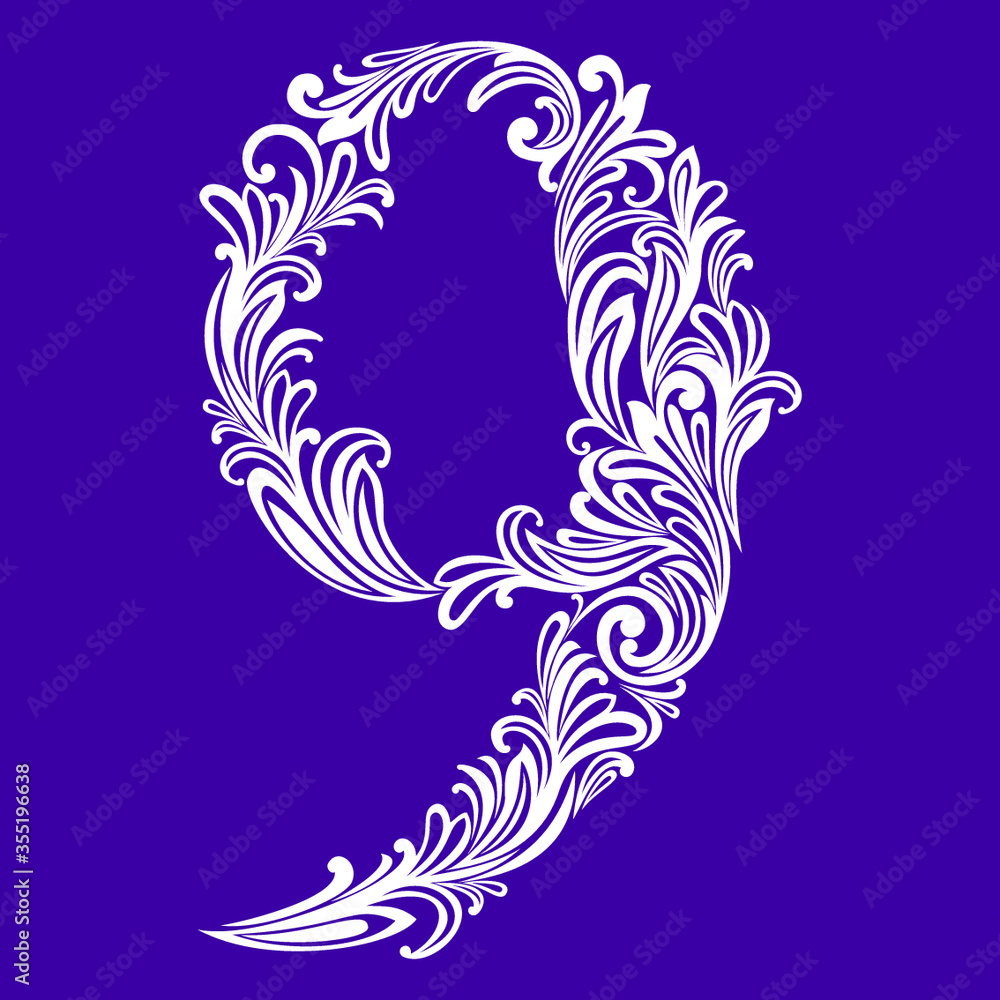 Obraz premium Calligraphic Font. Number nine. Vector Design Background. Swirl Style Illustration.