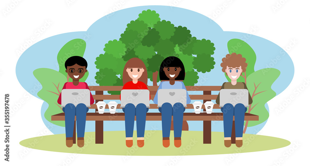 Flat style vector of four people in a friendship sitting and working with laptops on the bench in the park and their coffee cups. Illustration cartoon for black lives matter. Working or study together