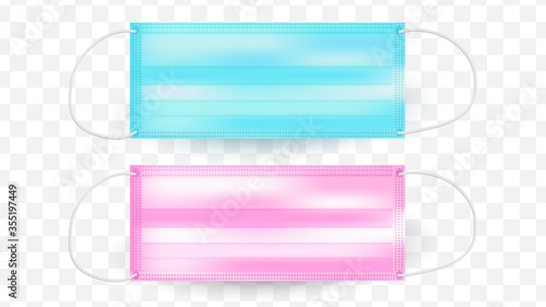 Medical masks set isolated on white background, realistic vector blue, pink colors. Surgical protection, filter respiratory. Medic surgical cover, safety prevention. Virus protection mask, top view.
