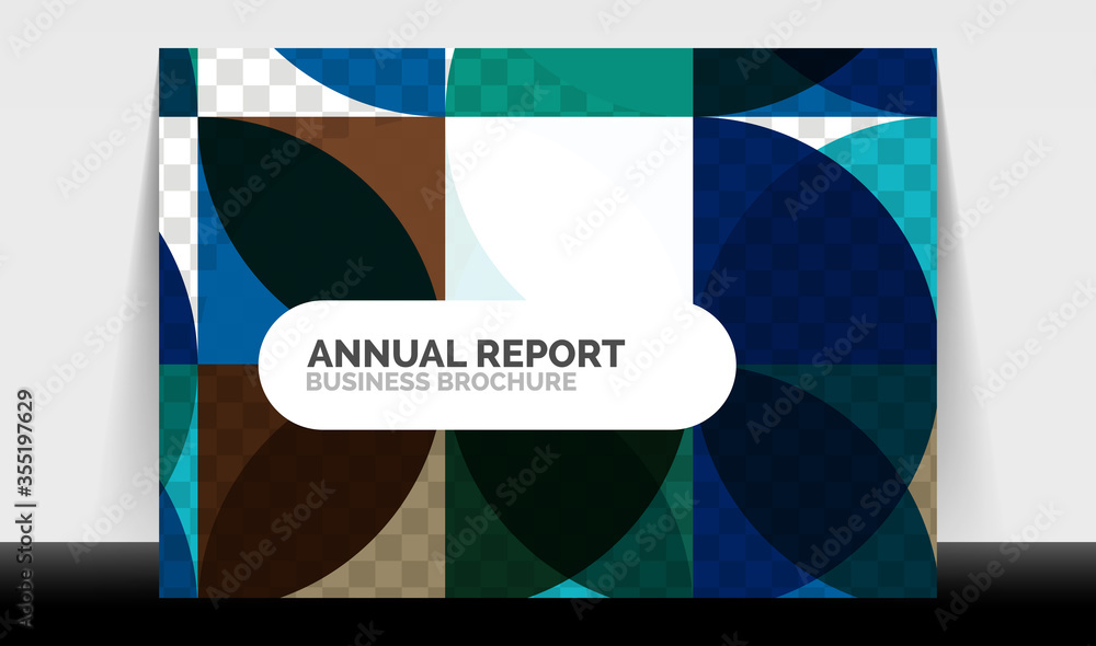Horizontal A4 business flyer annual report template, circles and triangle style shapes modern geometric design for brochure layout, magazine or booklet Horizontal A4 business flyer annual report template, circles and triangle style shapes modern geometric design for brochure layout, magazine or booklet