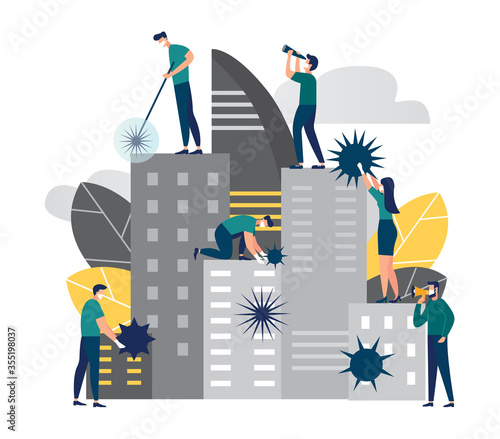 Vector illustration, a polluted city, masked people clean the city of bacteria and viruses, the release of viruses into the atmosphere, dirty air