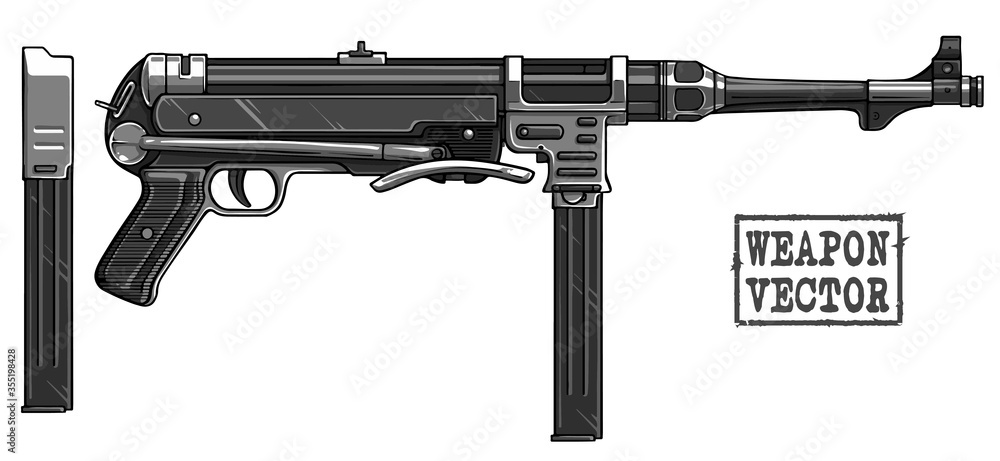 Graphic black and white detailed german silhouette metal old retro submachine gun with ammo clip. Isolated on white background. Vector icon.