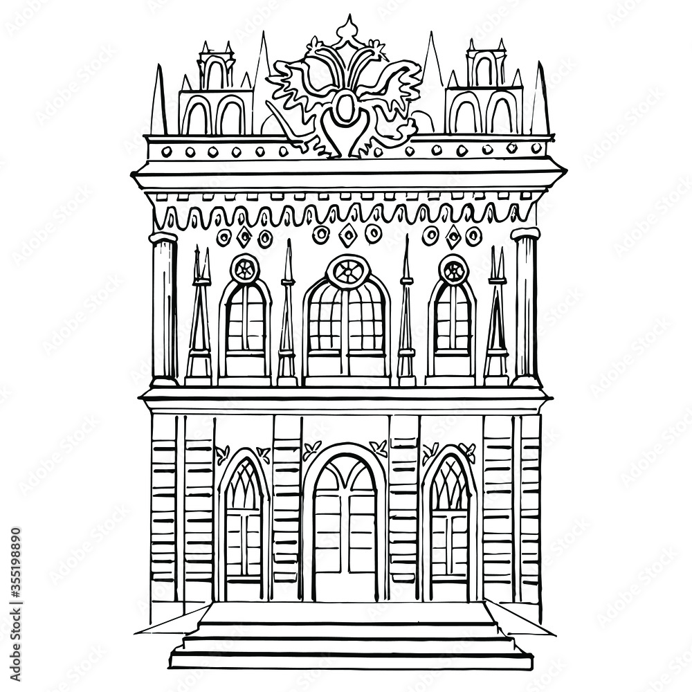 Architecture Of Russia. Moscow neo-Gothic. Tsaritsyno Palace and Park ensemble. Vector drawing in sketch style isolated on a white background. For art history books, coloring pages for children.Hand d