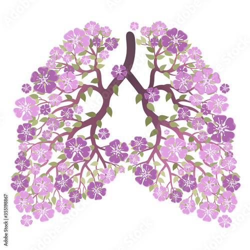 Nature protection ecology vector illustration. Vector image of tree branches with sakura flowers shaped like human lungs.