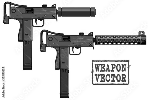 Graphic black and white detailed silhouette metal uzi submachine gun with ammo clip, rifle butt and silencer. Isolated on white background. Vector icon set.