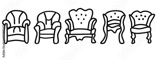 A set of antique armchairs is made in the style of a sketch. Doodles isolated on a white background. Vector collection of antique furniture
