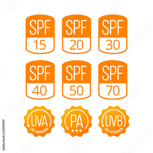 Set of vector SPF labels for sunscreen product packaging isolated on white background. UVA, UVB and PA protection icons for skin cosmetics