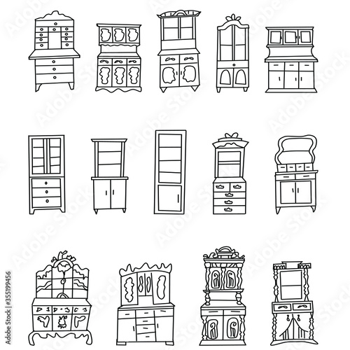 Set of antique cabinets drawn in the Doodle style. Collection of vintage wardrobes isolated on a white background. Furniture and decorative elements for interiors.Hand-drawn vector illustration
