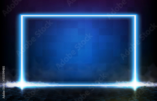 abstract futuristic background of blue neon square frame with smoke and technology floor