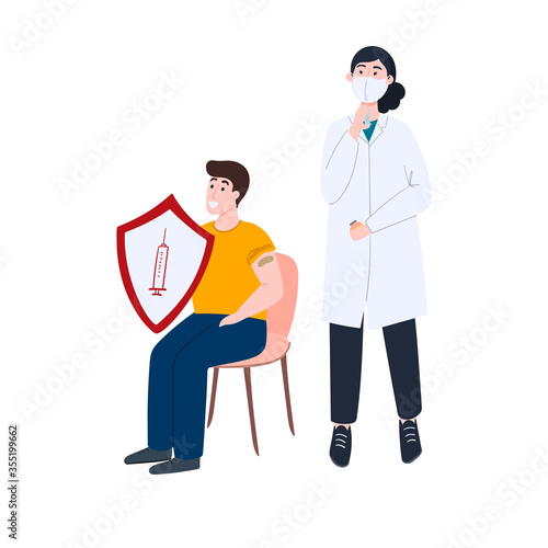 The doctor just vaccinated the young man and now he is protected from the disease. A man holds a hiding shield. Vaccination and disease protection concept illustration.