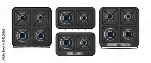 Set of black kitchen stoves with a top view. A gas stove is included. Modern oven for the kitchen in a realistic style. Isolated. Vector.