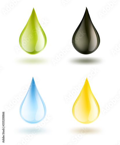 set of drops on white. oil, petrol, water drop symbol. yellow, black, olive green colors