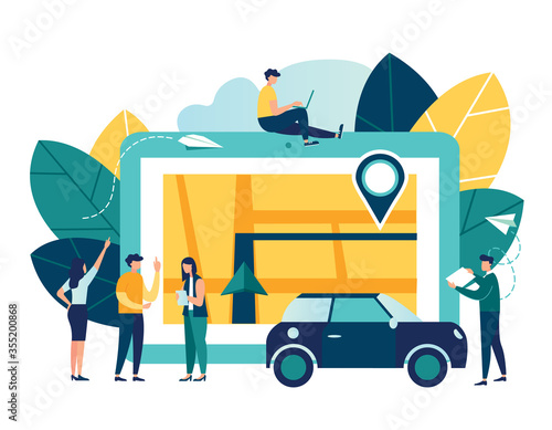 vector illustration flat on white background, search index on navigation, online map on the tablet, get directions, GPS on the city map, mobile application, online car rental
