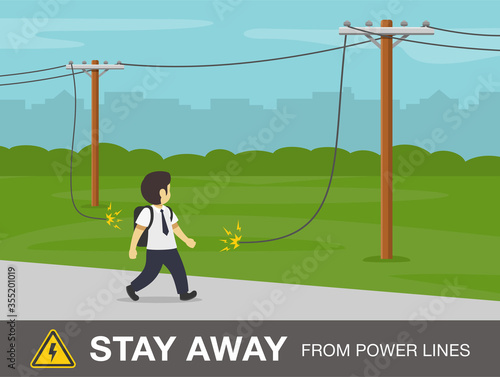 Overhead power line safety. School boy looking at sagging or downed power line. Flat vector illustration.