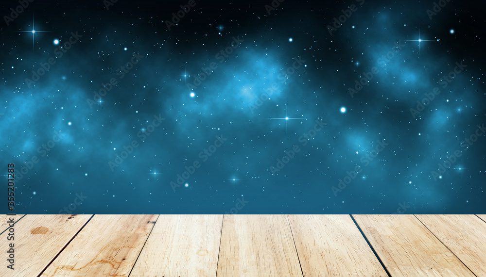 Empty wooden table top and galaxy space with nebula and star Empty wooden table top and galaxy space with nebula and star