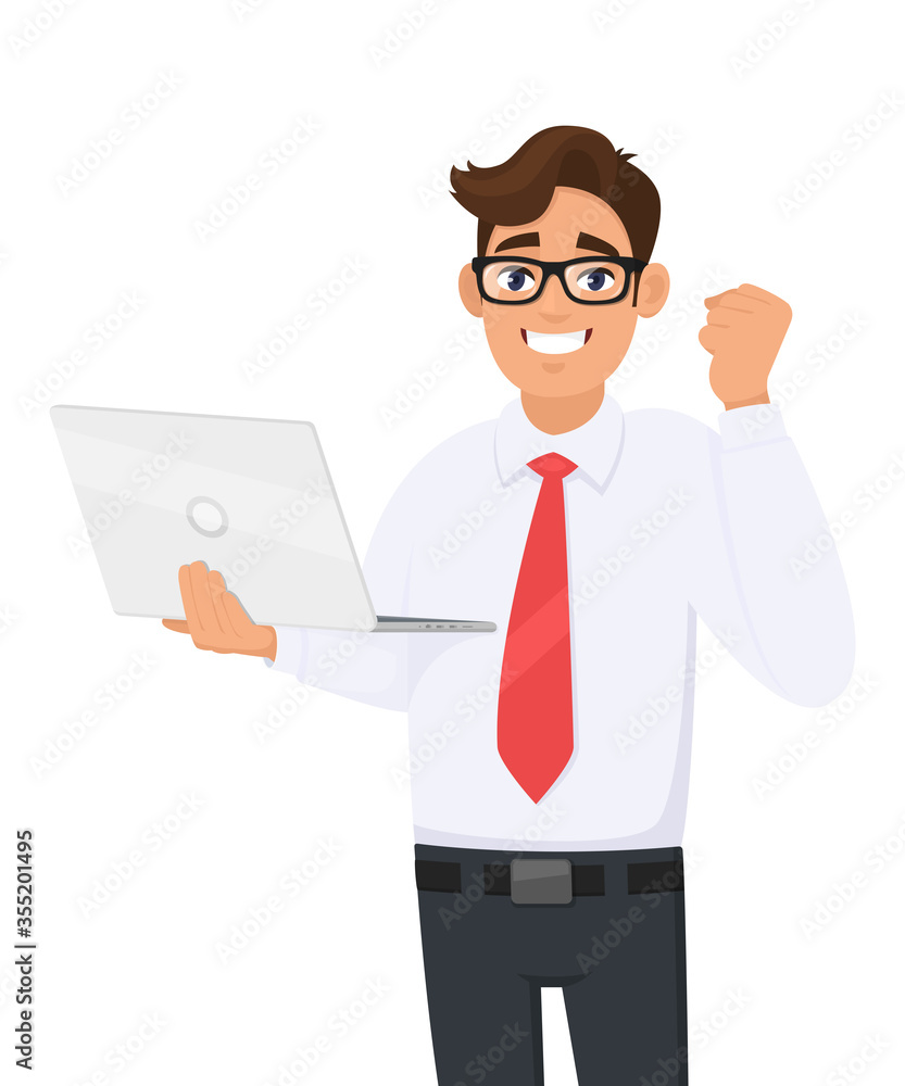 Successful young businessman holding laptop computer and making raised hand fist gesture. Person celebrating success sign. Modern lifestyle, digital technology illustration in vector cartoon style. Successful young businessman holding laptop computer and making raised hand fist gesture. Person celebrating success sign. Modern lifestyle, digital technology illustration in vector cartoon style.