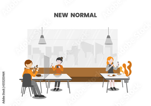 New normal, people having foods with suitable seating arrangements and table shields in restaurants or cafes to keep a safe distance (Physical distancing). COVID-19 outbreak prevention. - vector
