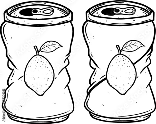 Two broken lemon soft drink can using doodle or hand drawing style