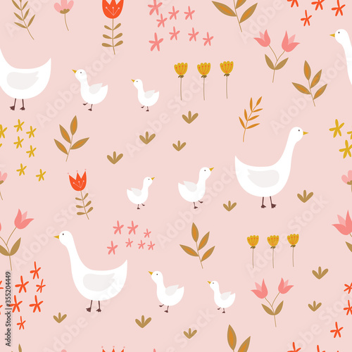 Seamless pattern with geese and flowers on a pink background.Vector illustration. For textiles, Wallpaper, wrapping paper, bed linen