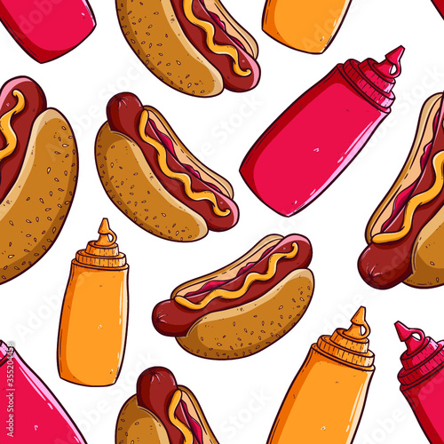 doodle junk food in seamless pattern that is hotdog and tomato ketchup also mustard on white background