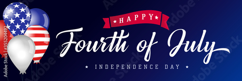 Happy Fourth of July USA blue poster, balloons with flags. United States of America 4th of July, Independence Day calligraphic typography vector Illustration