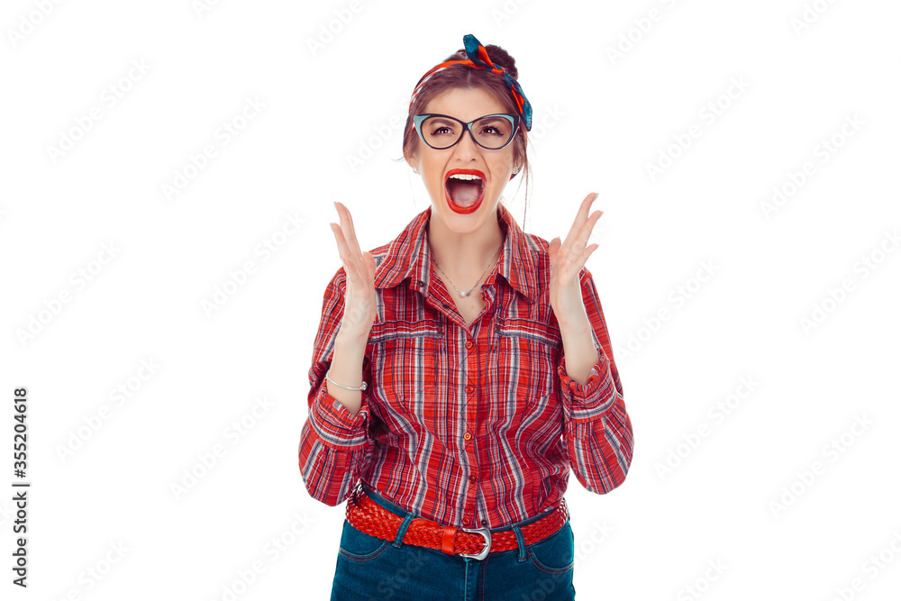 Furious stressed woman screaming looking up. Furious stressed woman screaming looking up.