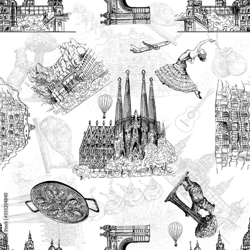 Seamless pattern of hand drawn sketch style Spain related objects isolated on white background. Vector illustration.