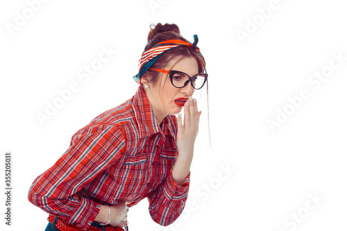 Young woman feeling nauseated about to vomit. photo